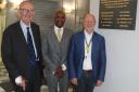 (L-R) Nigel Mundy, member of the Peace Hospice Appeal and former chairman of the hospice, patron Luther Blissett, and Stewart Marks, chief executive of Rennie Grove Peace