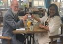 Hugh Pollock enjoying a Bloomsday lunch in Royston with town mayor Cllr Mary Antony