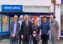 L-R: Chair of trustees Darren Coyle, energy adviser Tom Hogan, Sir Oliver, Ian Allott Advice team leader, Lecia Fraser head of advice services, Harry Hensby kickstart community engagement assistant, Simon Hales debt relief order adviser