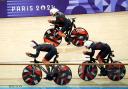 GB's Ethan Hayter (top) is unseated by his effort in the team pursuit final at the 2024 Paris Olympic Games. Picture: DAVID DAVIES/PA