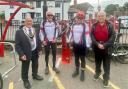 Mayor Cllr John Rees and Cllr Mike Harrison with members of Royston Cycling Club at the new repair stand