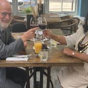 Hugh Pollock enjoying a Bloomsday lunch in Royston with town mayor Cllr Mary Antony