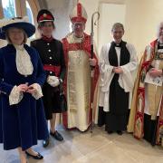 High Sheriff Sally Burton, Deputy Lieutenant Emma Robarts, Bishop of St Albans Rt Revd Dr Alan Clayton Smith, Vicar Revd Heidi Huntley and Archdeacon of Hertford the Venerable Janet MacKenzie