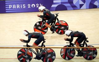 GB's Ethan Hayter (top) is unseated by his effort in the team pursuit final at the 2024 Paris Olympic Games. Picture: DAVID DAVIES/PA