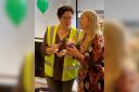 Remade Worcester volunteer Liz Taylor (left) presented the Mayor of Worcester, Mel Allcott (right), with a felt cupcake to mark the shop's first year of trading