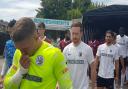 Goalkeeper Dimi Kyriatzis, George Ironton and Spyros Mentis of Royston Town.