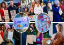 Supporters of March with Midwives hold signs at the rally in Market Place, Hitchin