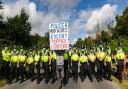 Police and Protesters clash at MBR Acres Camp Beagle where beagles are reared for vivisection., MBR Acres, Huntingdon Sunday 15 August 2021. Picture by Terry Harris.