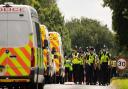 Police attend MBR Acres Protest camp en-masse as protesters report two van loads of puppies leave the site..
A1090, Huntingdon
Tuesday 10 August 2021. 
Picture by Terry Harris.