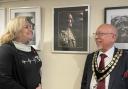 Sarah Haskell and Mayor Cllr John Rees with Sarah's military portrait