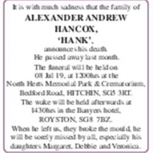 Alexander Andrew Hancox
Hank