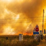 A field fire which blocked a railway line in Great Chesterford, Essex, near the Hertfordshire border (July 2022)