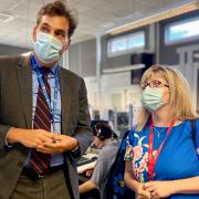 David Archer, CEO of HUC, which runs the Welwyn Garden City NHS 111 call centre, with health minister Maria Caulfield MP