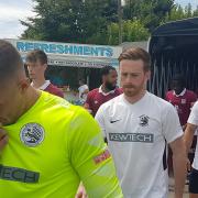 Goalkeeper Dimi Kyriatzis, George Ironton and Spyros Mentis of Royston Town.