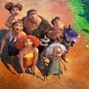 Sandy Crood (Kailey Crawford), Grug Crood (Nicolas Cage), Thunk Crood (Clark Duke), Gran (Cloris Leachman), Eep Crood (Emma Stone) and Ugga Crood (Catherine Keener) in DreamWorks Animation's The Croods: A New Age.