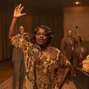 Chadwick Boseman as Levee, Colman Domingo as Cutler, Viola Davis as Ma Rainey, Michael Potts as Slow Drag and Glynn Turman as Toledo in Ma Rainey's Black Bottom.