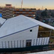 The Nightingale surge hub is being erected outside the main entrance to Stevenage's Lister Hospital