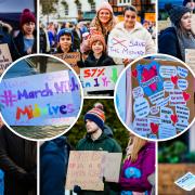 Supporters of March with Midwives hold signs at the rally in Market Place, Hitchin