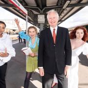 MP for Cambridge, Daniel Zeichner (second right) with actors Chakira Alin, Gaia Mondadori, and Hayley Canham at Cambridge station to launch Govia Thameslink Railway’s #enterTrainment campaign in partnership with regional theatres across its network.