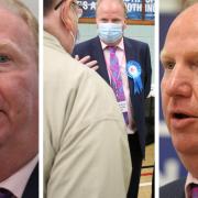 County council leader Steve Count  and (centre) with Cllr Chris Boden after the results that saw a clean sweep in Fenland for the Conservatives but across Cambridgeshire the party lost overall control.