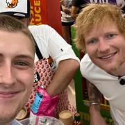 Our reporter, Huw Richards, with Ed Sheeran.