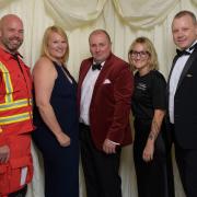 Left to right: EHAAT paramedic Adam, Joe and Ronnie Barker, Charlotte Evans of EHAAT and Dr Tony Joy of EHAAT