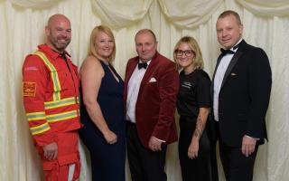 Left to right: EHAAT paramedic Adam, Joe and Ronnie Barker, Charlotte Evans of EHAAT and Dr Tony Joy of EHAAT