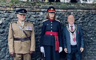 A lieutenant colonel, Deputy Lt Emma Roberts and Mayor Cllr John Rees